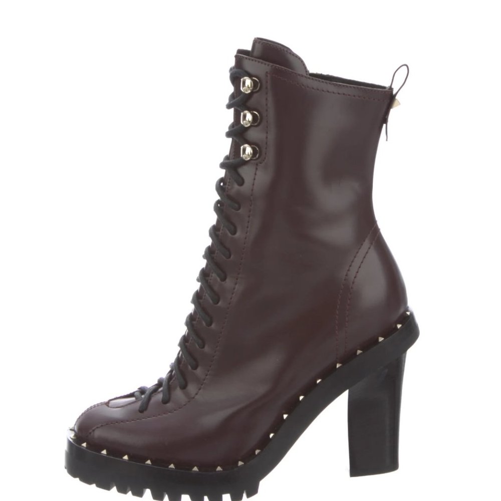 VALENTINO Leather Lace-Up Boots Chunky Heel Burgundy
